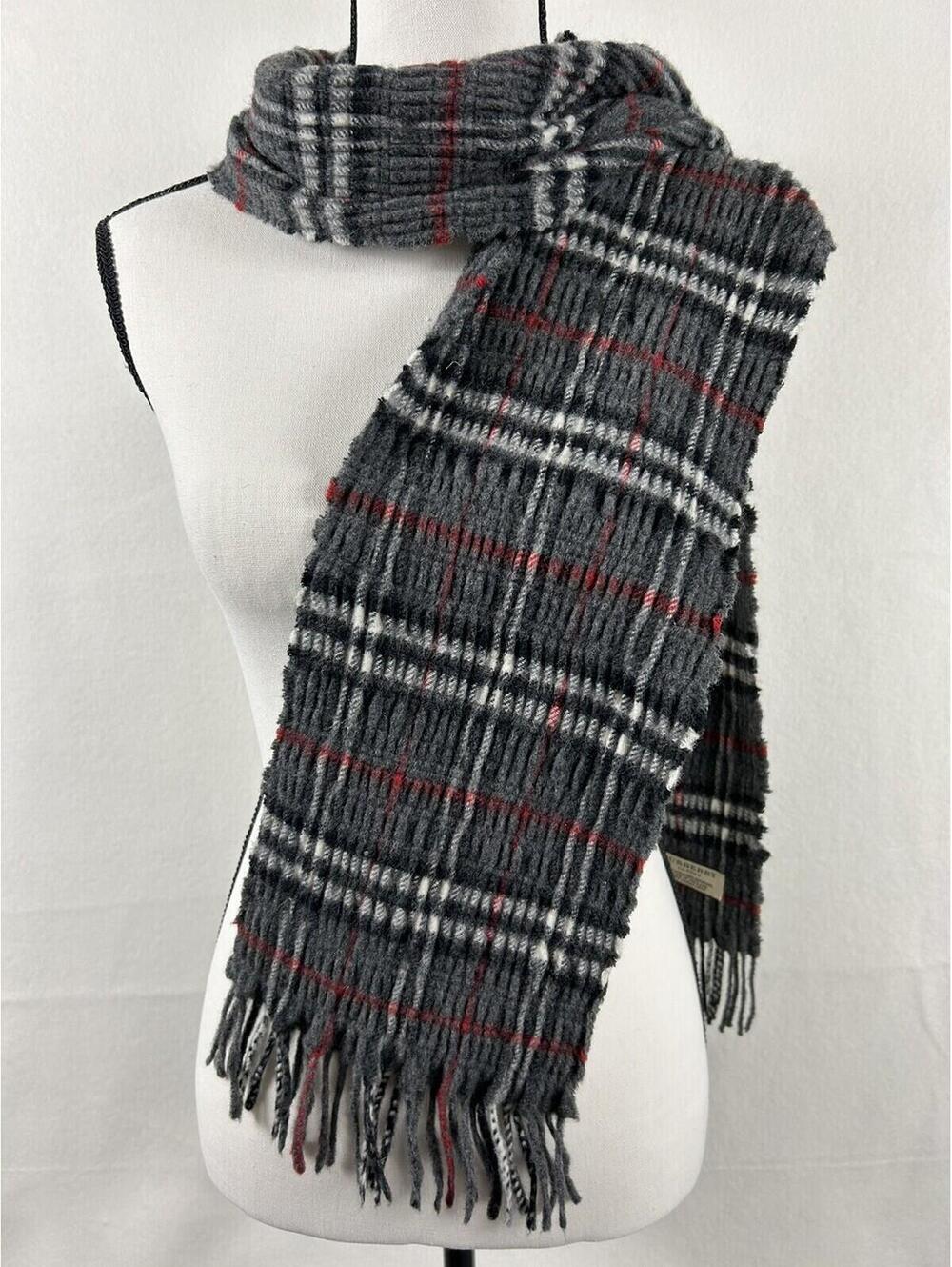 Burberry London Gray Plaid Wool Cashmere Fringe Scarf